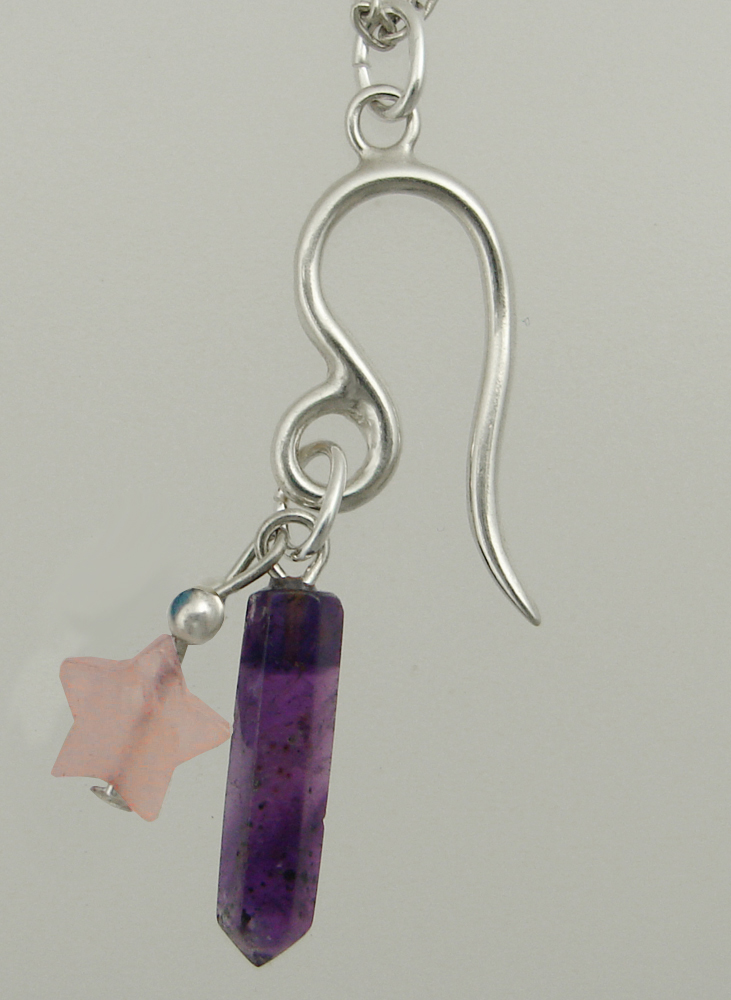 Sterling Silver Leo Pendant Necklace With an Amethyst Crystal And a Rose Quartz Star